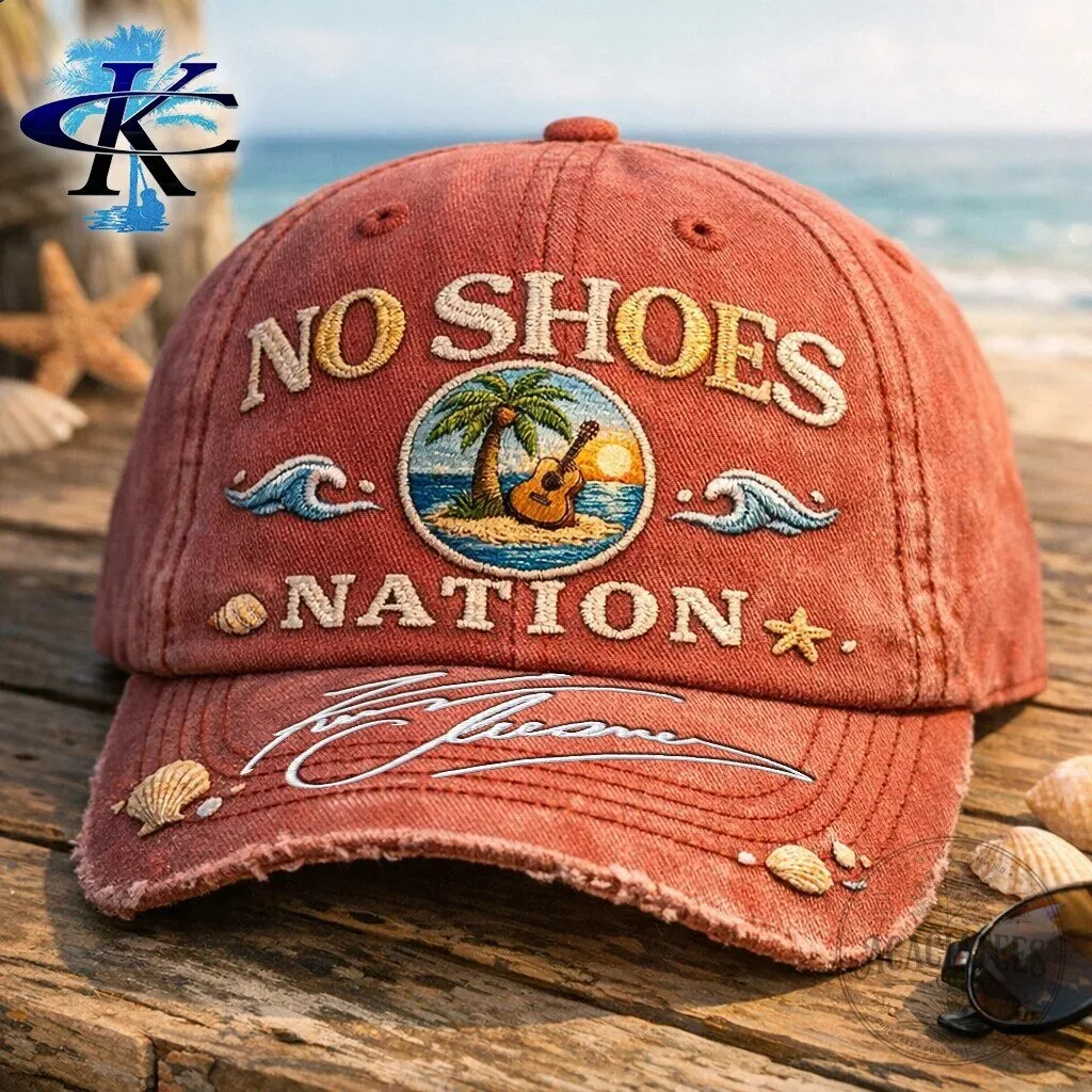 No Shoes Nation Kenny Chesney Palm Island Guitar Sunset Embroidered Cap Hat