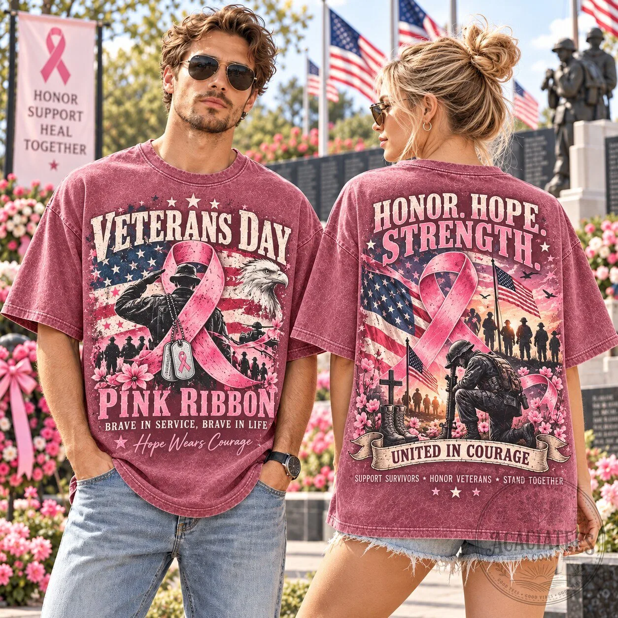 Veterans Day Pink Ribbon Breast Cancer Awareness American Flag T-Shirt
