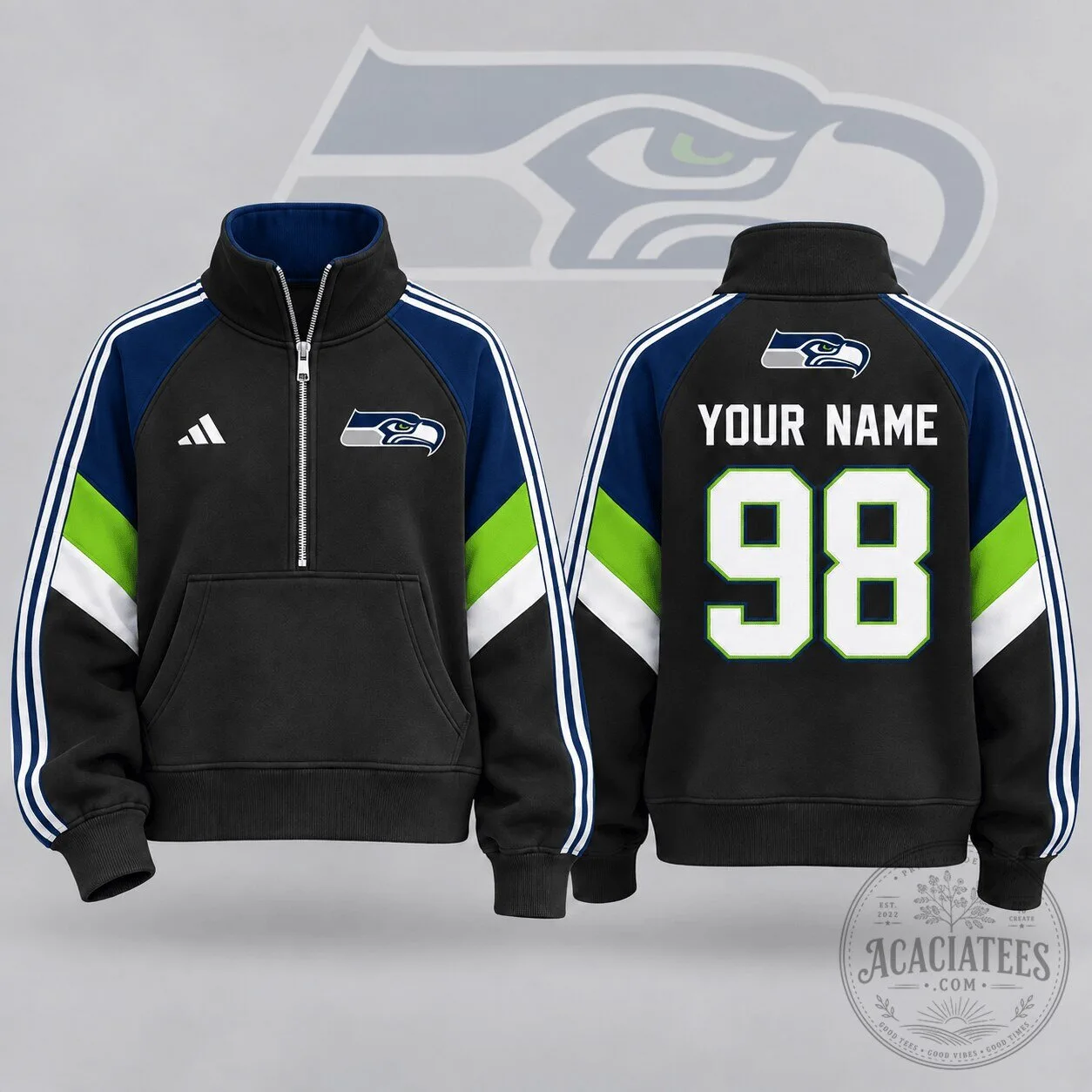Seattle Seahawks NFL Team Crest Custom Name Number Half Zip Pullover Sweatshirt