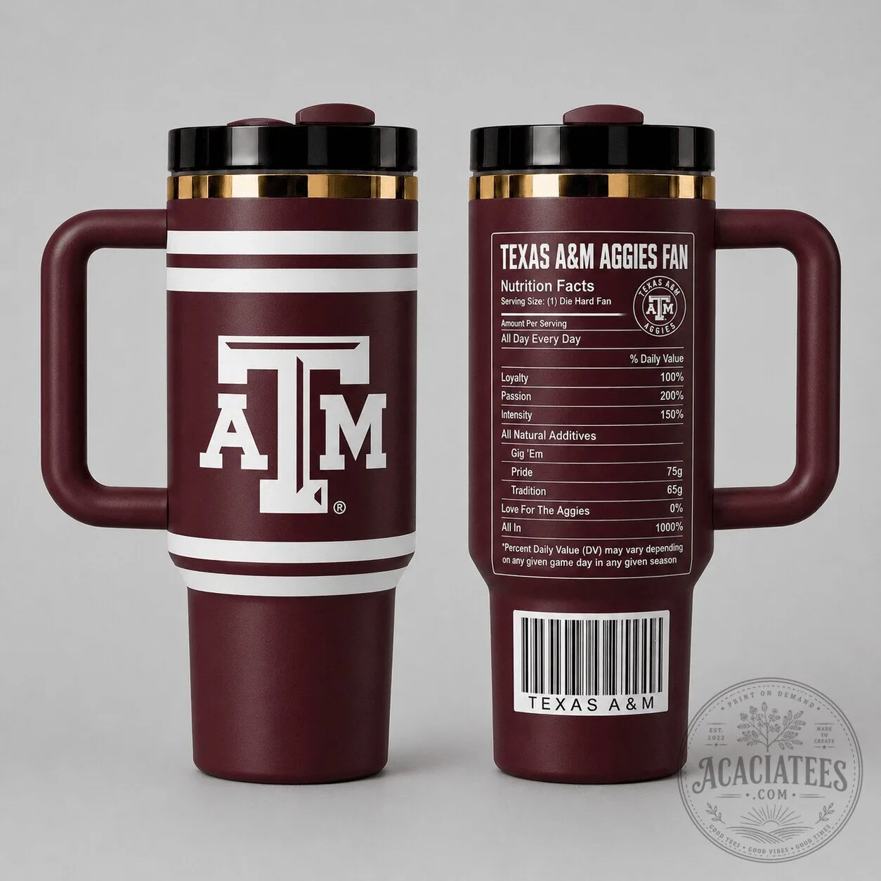Insulated Stainless Steel Tumbler with Handle featuring Texas A&M Aggies Nutrition Facts