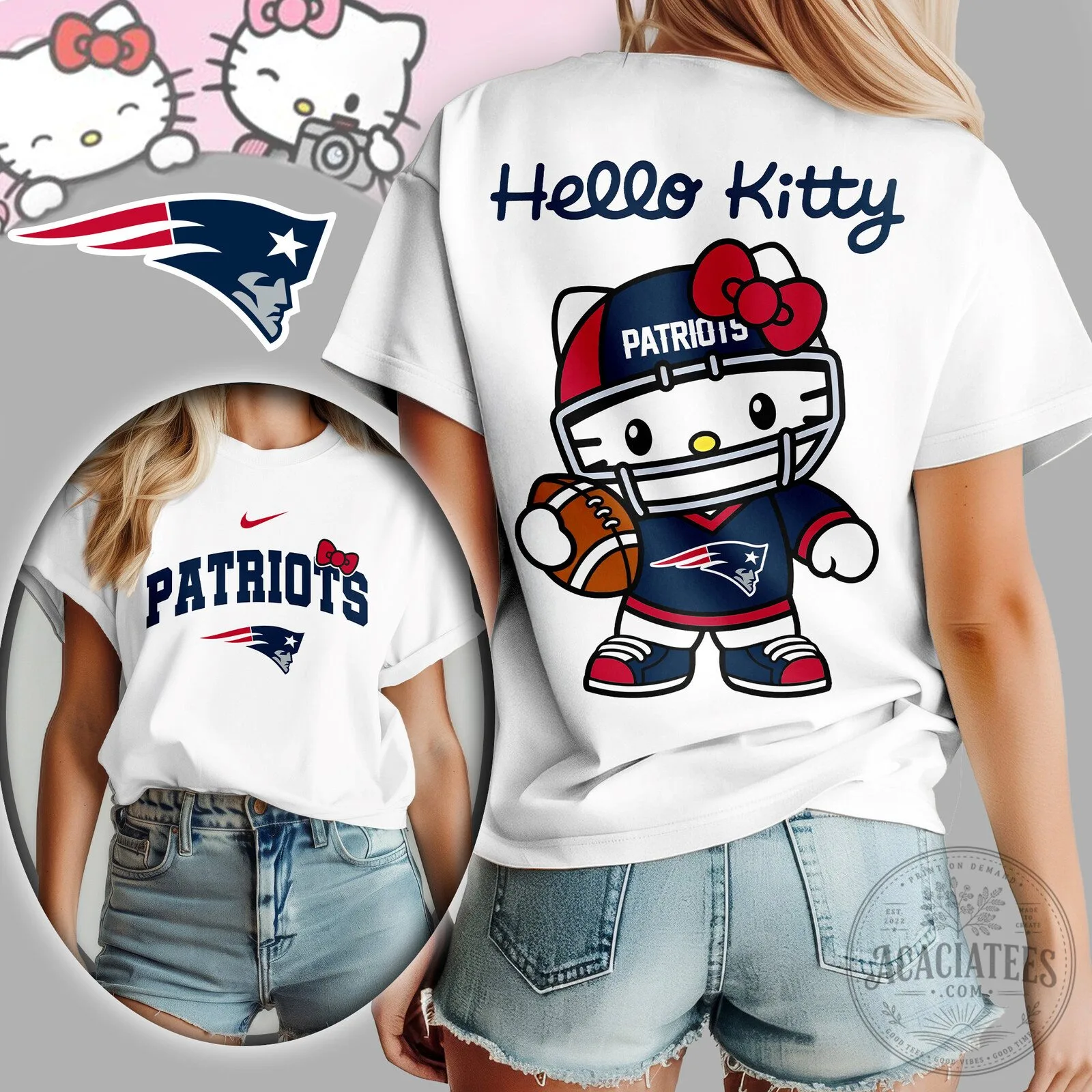 New England Patriots Hello Kitty Football Fan White T-Shirt for Women