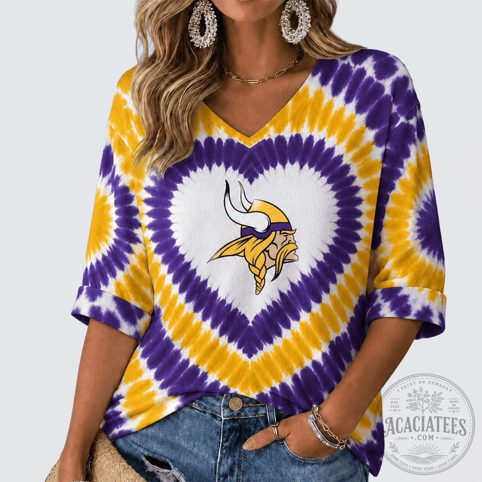 Minnesota Vikings Heart Tie Dye V-Neck Three-Quarter Sleeve T-Shirt 2 Minnesota Vikings Heart Tie Dye V-Neck Three-Quarter Sleeve T-Shirt