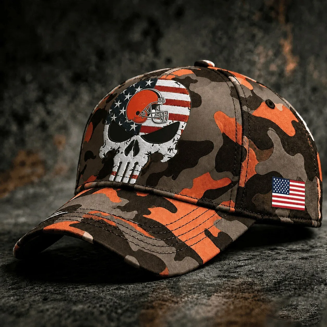 Cleveland Browns Skull Camouflage American Flag Baseball Cap Hat