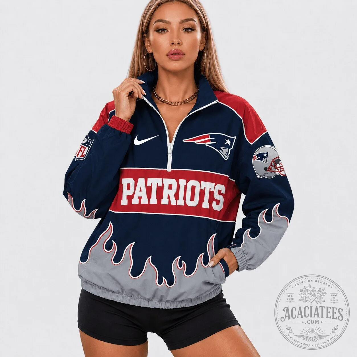 New England Patriots NFL Flame Design Half-Zip Pullover Jacket