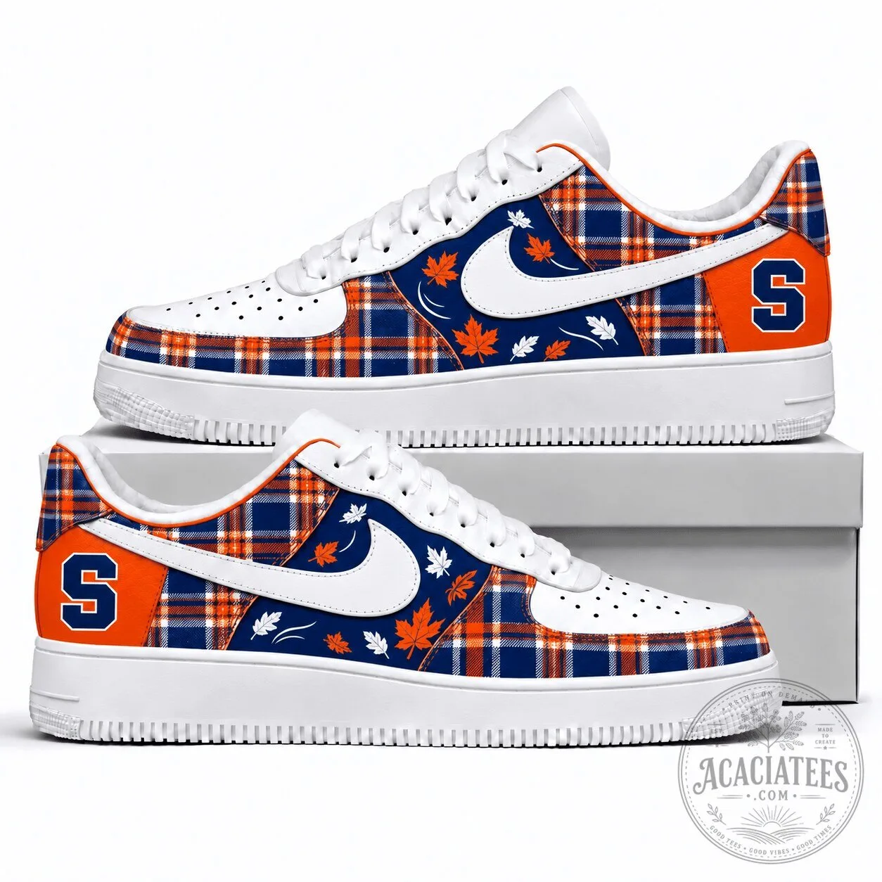Syracuse Orange Plaid Pattern Autumn Leaves Custom Printed Sneakers