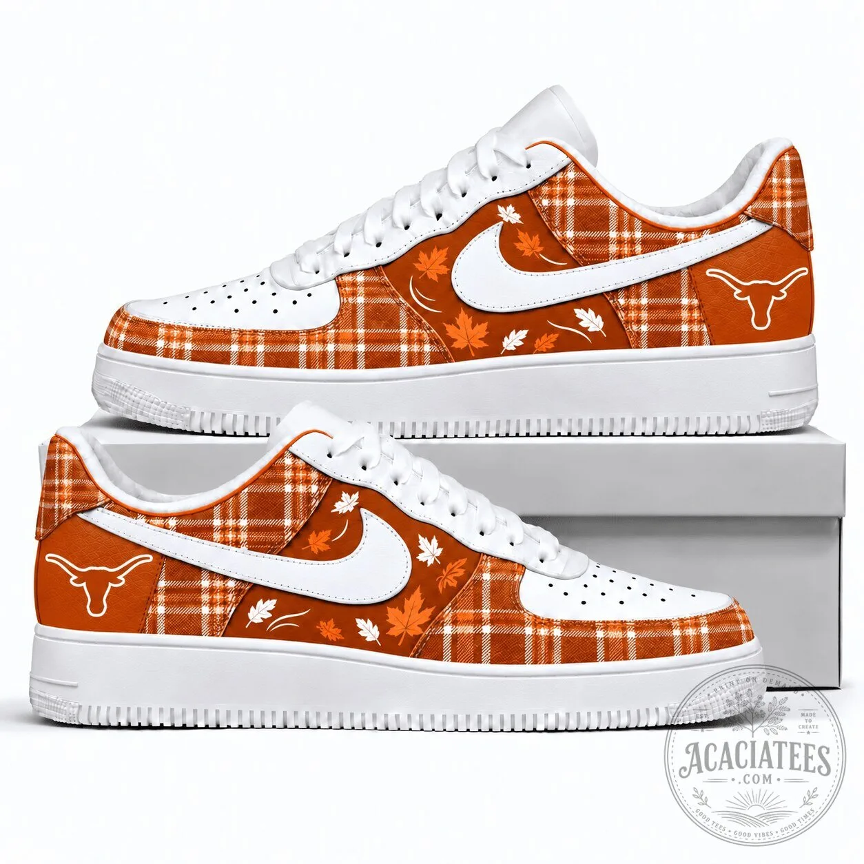 Texas Longhorns Fall Season Plaid Pattern White Sneakers