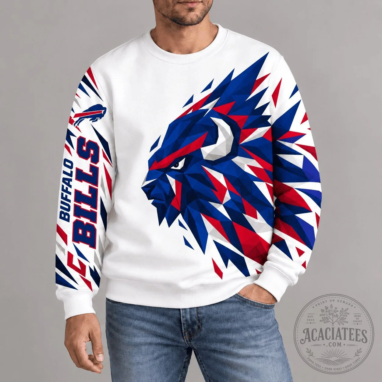 Buffalo Bills Polygonal Mascot Design NFL Team White Crewneck Sweatshirt