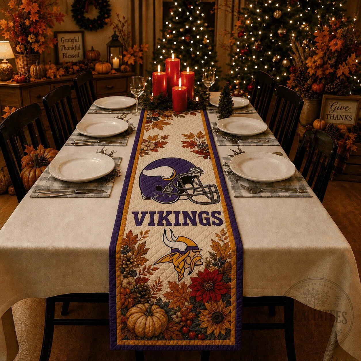 Minnesota Vikings NFL Thanksgiving Autumn Leaves Football Helmet Table Runner