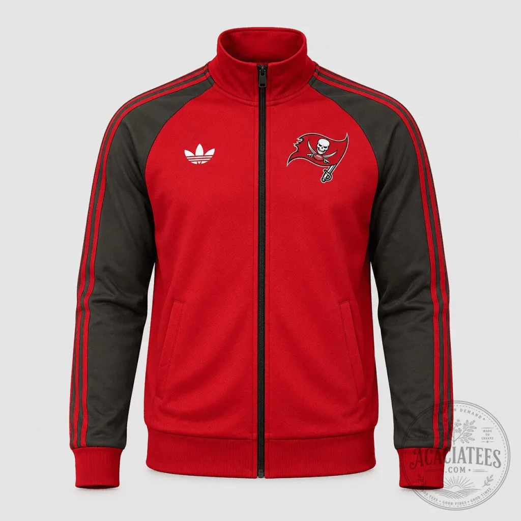 Tampa Bay Buccaneers Red and Black Striped Track Jacket with Team Logo Tampa Bay Buccaneers Red and Black Striped Track Jacket with Team Logo