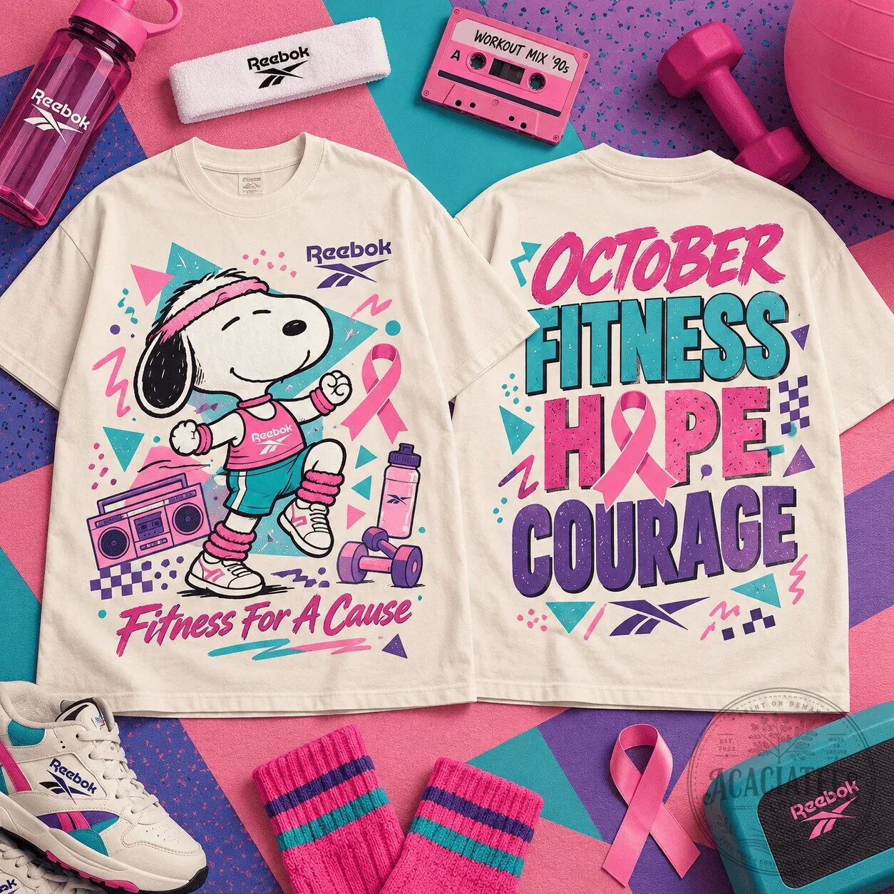 Snoopy Reebok Breast Cancer Awareness October Fitness Hope Courage T-Shirt