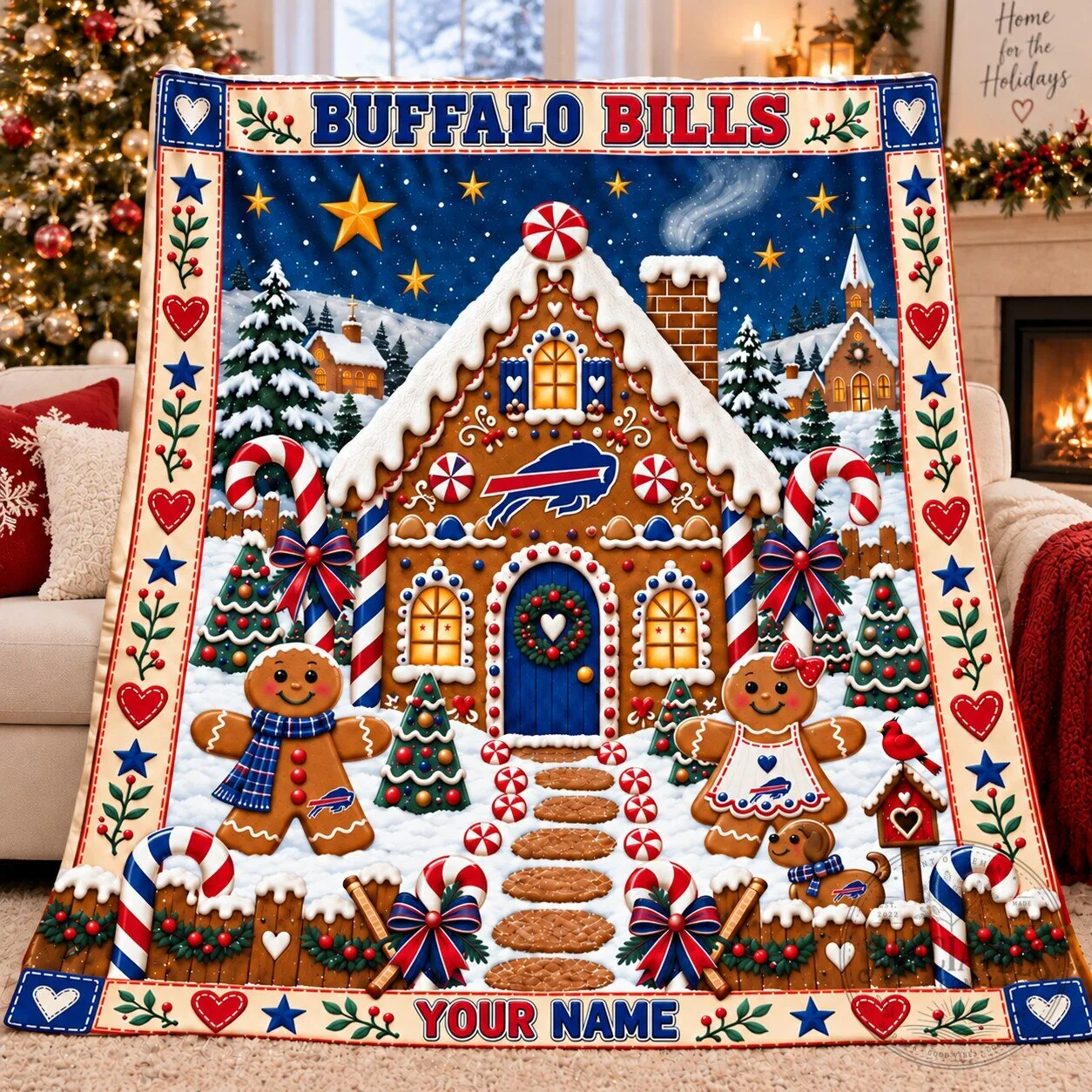 Buffalo Bills Christmas Gingerbread House Fleece Blanket
