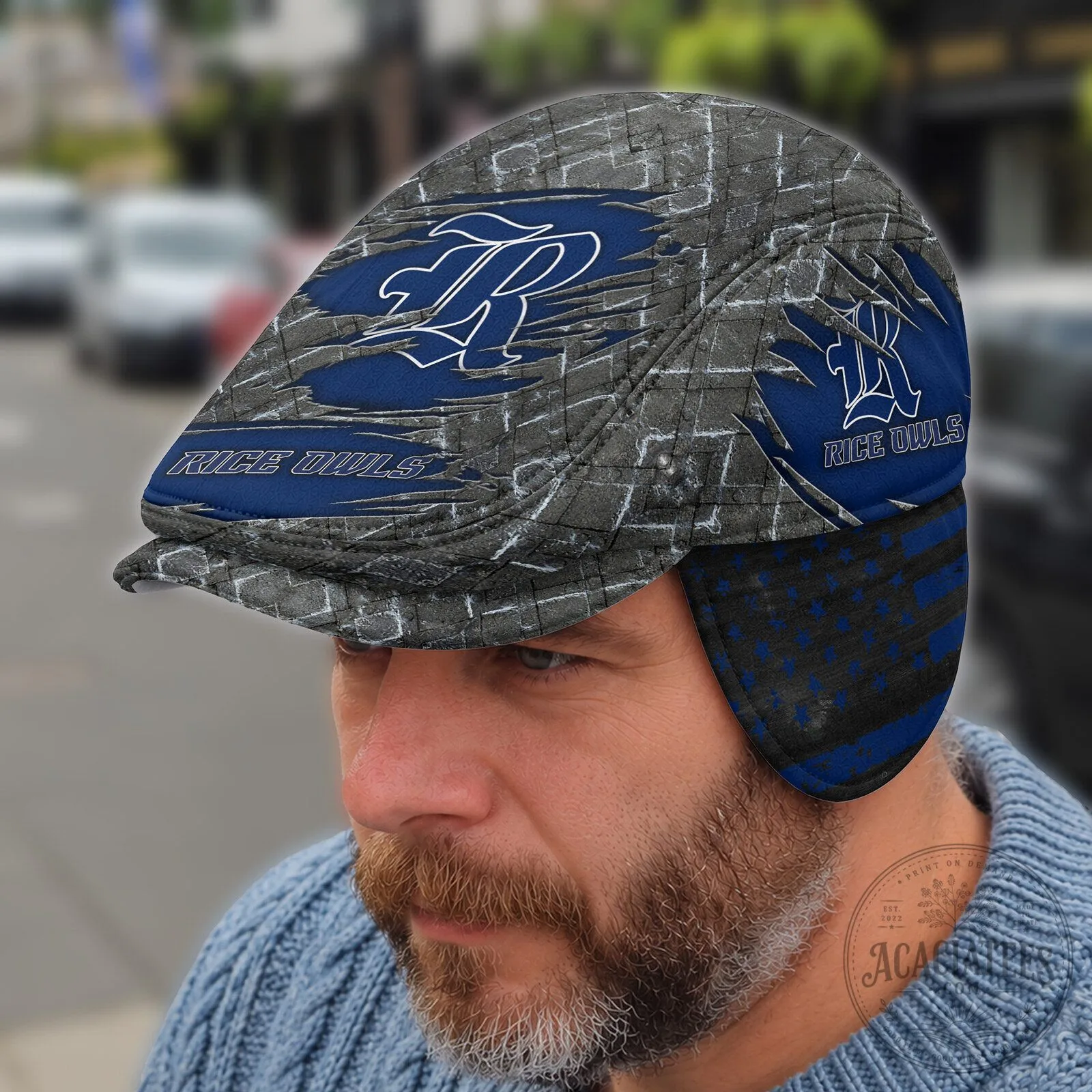 Rice Owls Distressed Logo Flat Cap with Foldable Ear Flaps