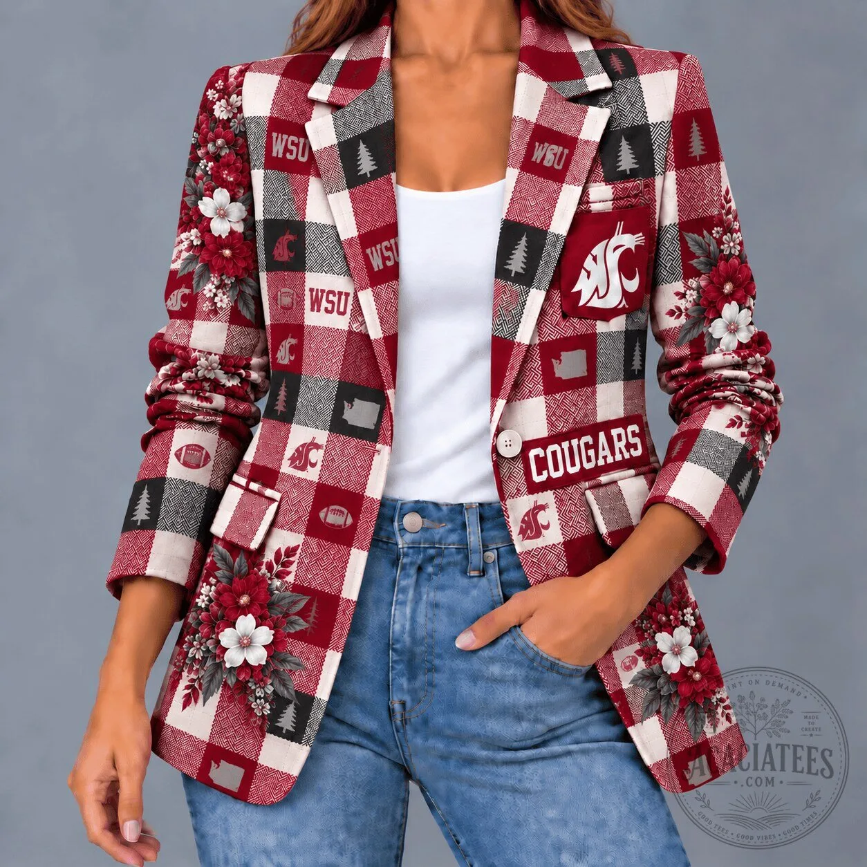 Washington State Cougars Football Floral Plaid Women's Blazer Jacket