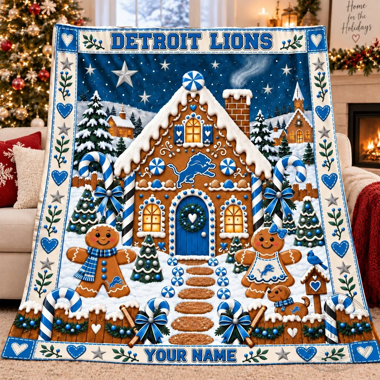Detroit Lions Fan Gingerbread House Christmas Fleece Blanket