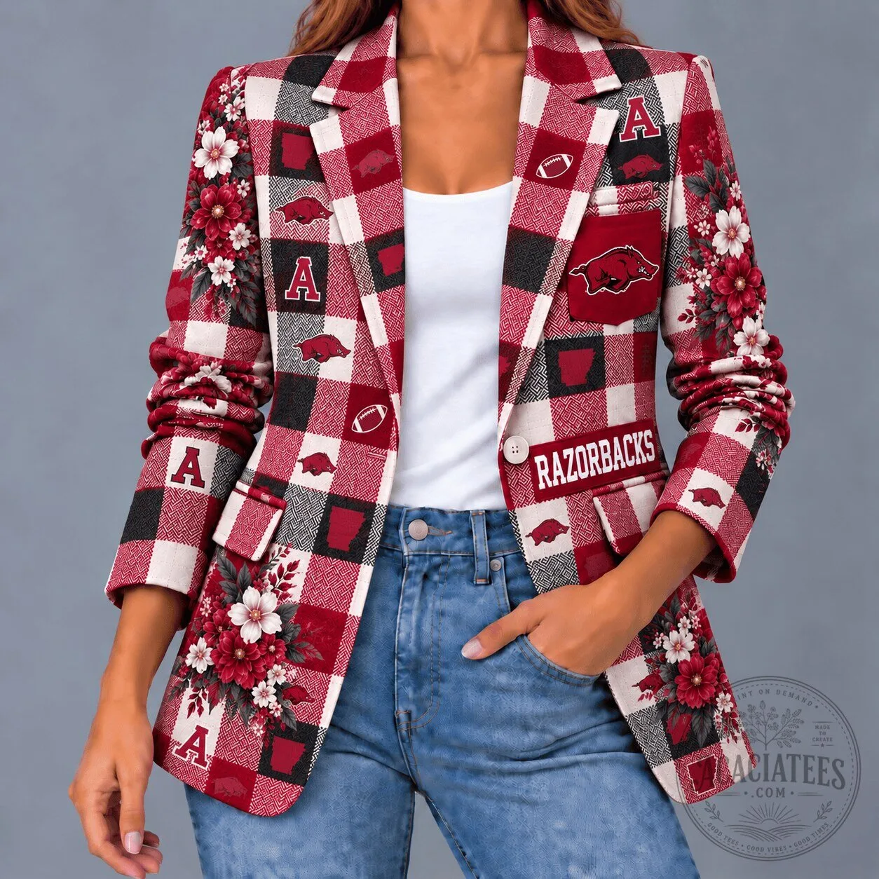 Arkansas Football Razorbacks Floral Plaid Women's Blazer Jacket