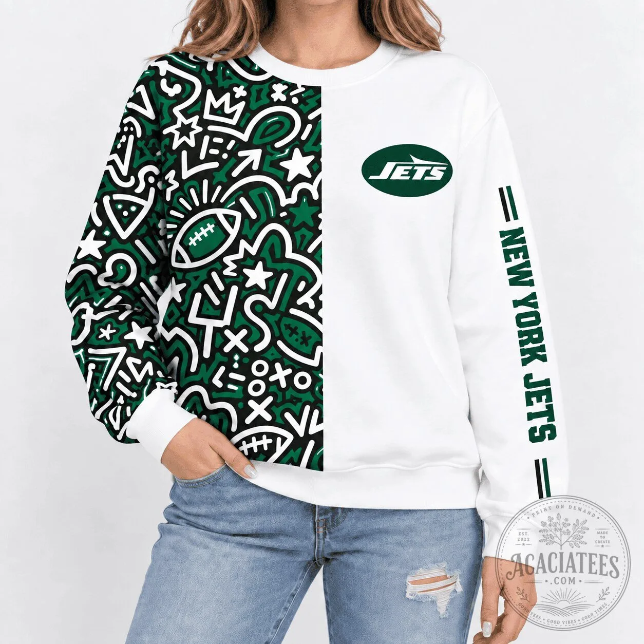New York Jets NFL Pop Art Doodle Green and White Crewneck Sweatshirt