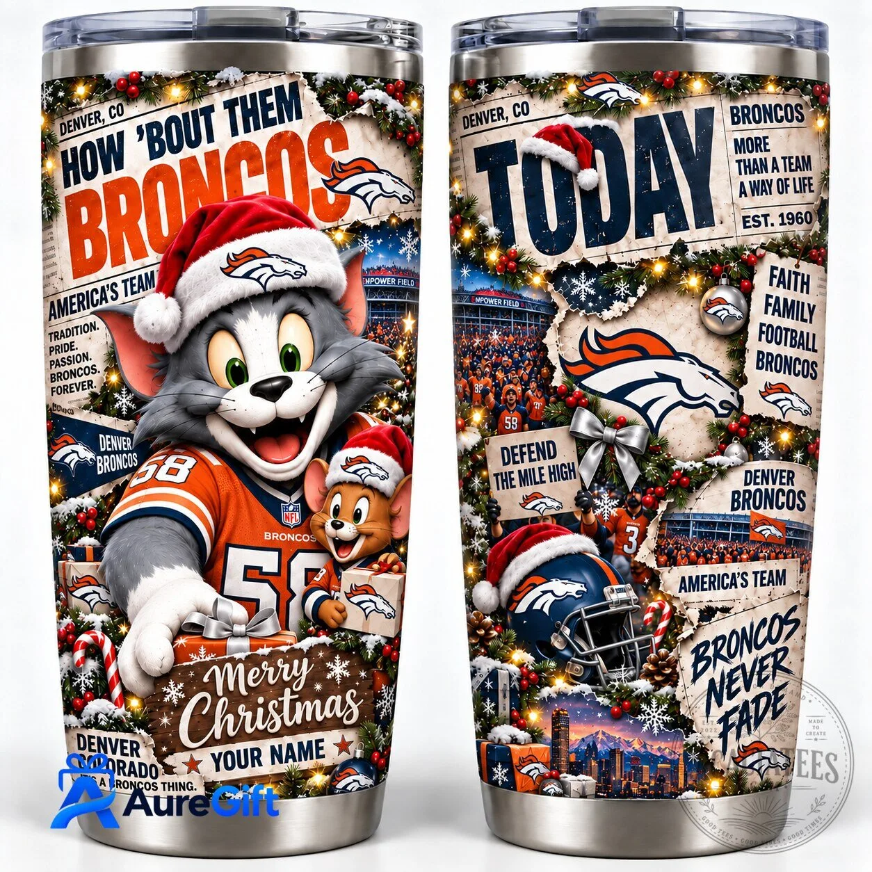 Denver Broncos Tom and Jerry Christmas Kickoff Personalized Stainless Steel Tumbler