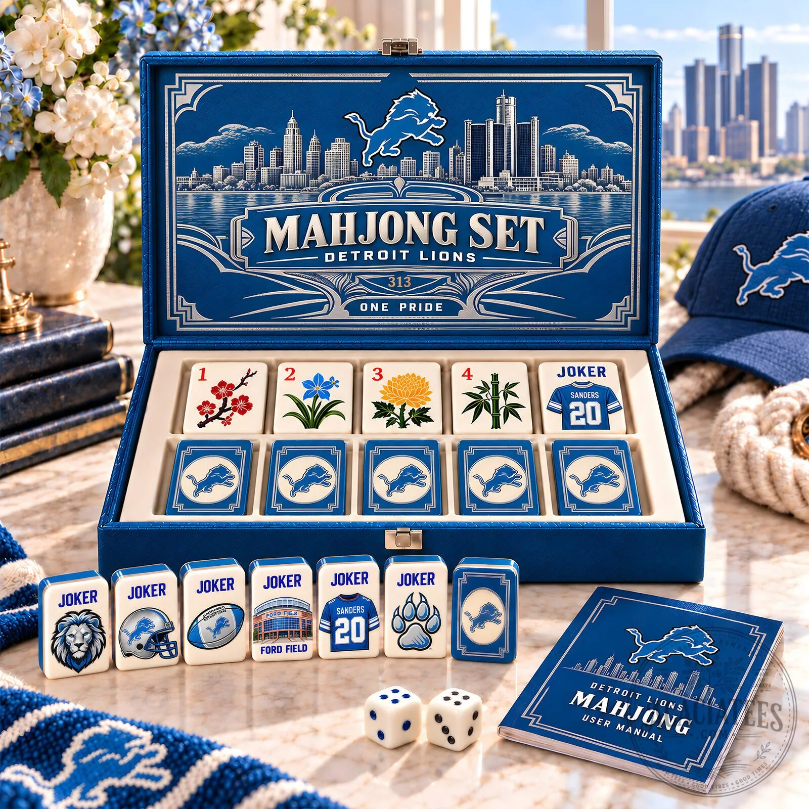 Detroit Lions Mahjong Game Set with Custom Tiles and Storage Case