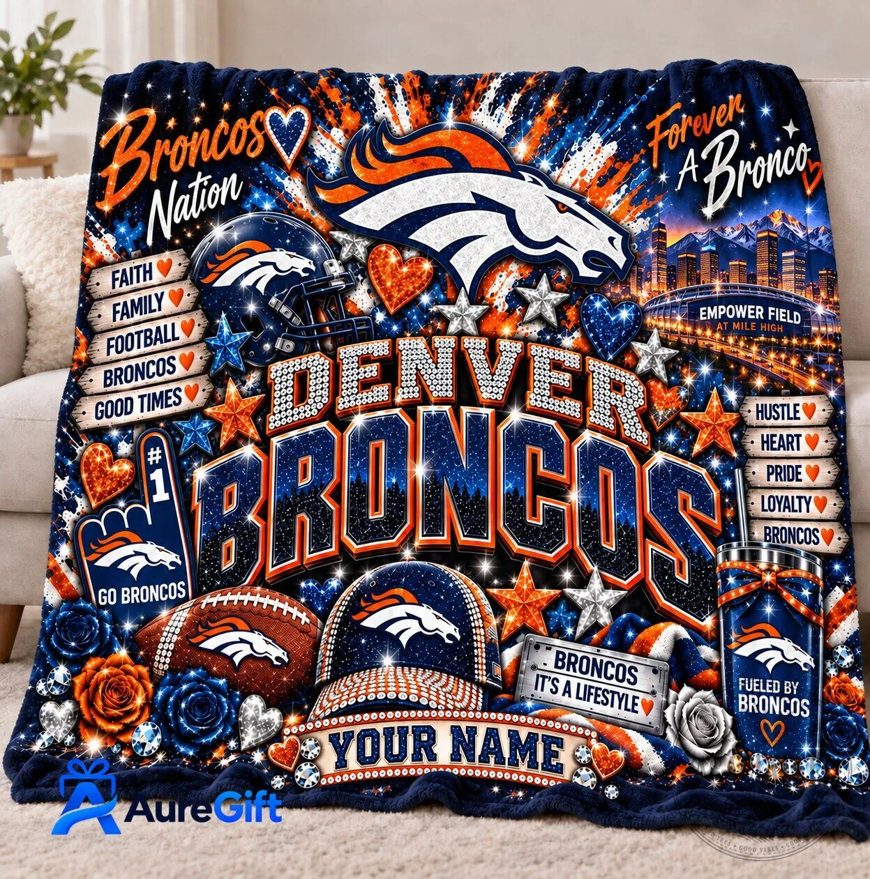 Denver Broncos Football Team Personalized Fleece Blanket