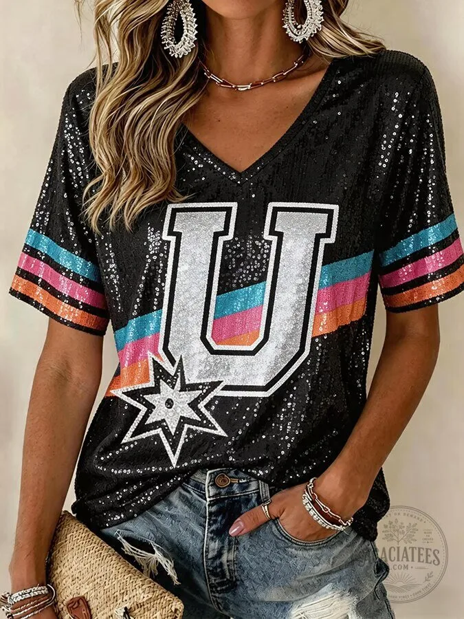 Women's Basketball Fan T-Shirt Sequin San Antonio Spurs V-Neck Top