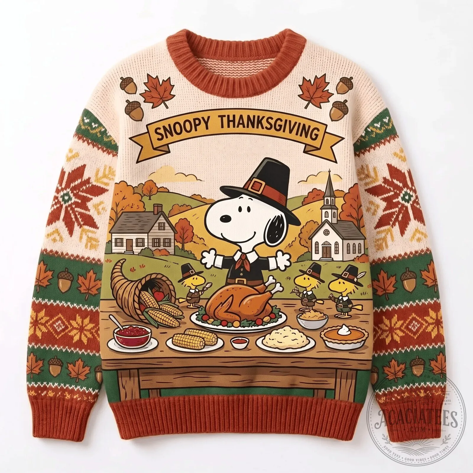 Snoopy Thanksgiving Dinner Pilgrim Fall Autumn Holiday Sweater