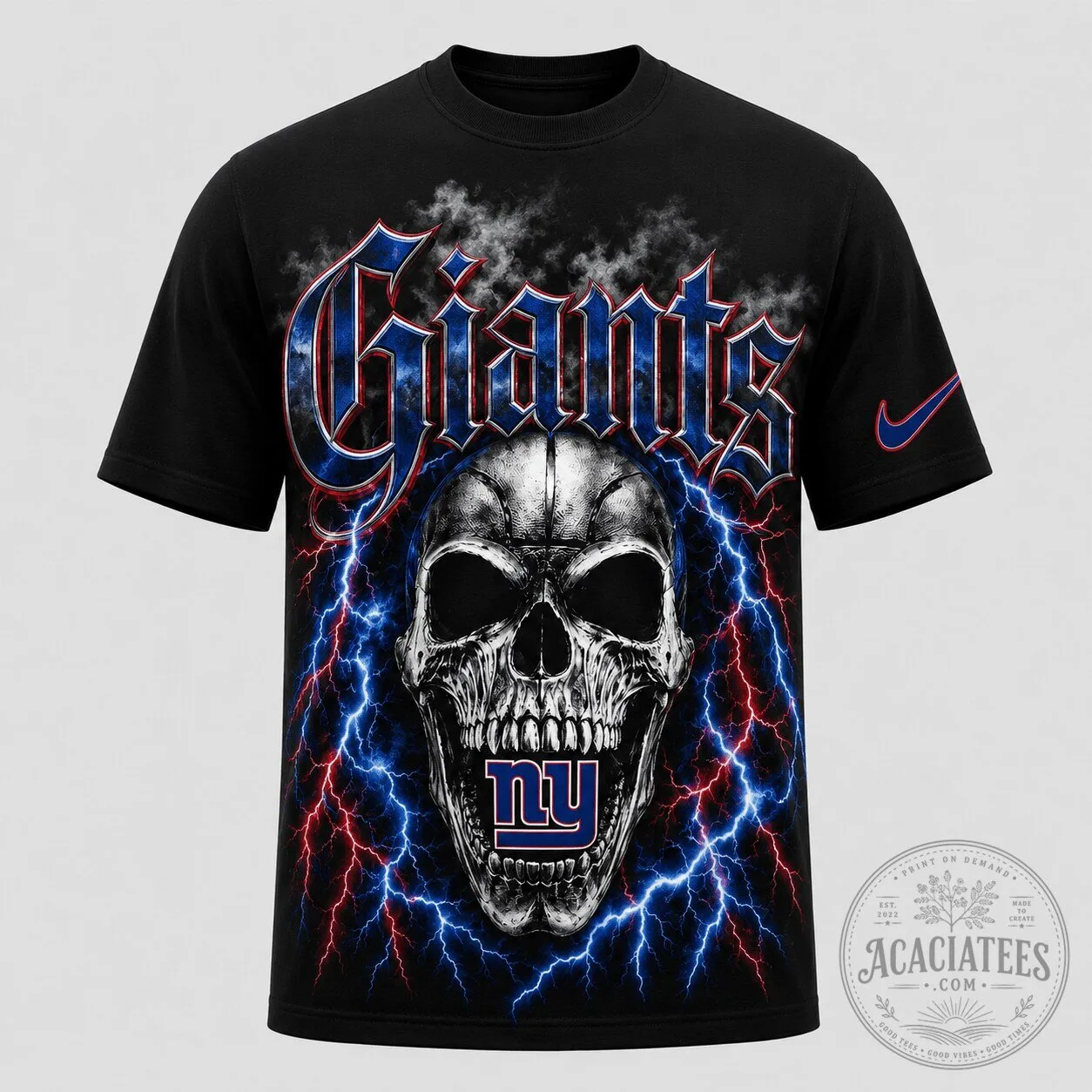 Black T-Shirt featuring Lightning Graphic of New York Giants Skull