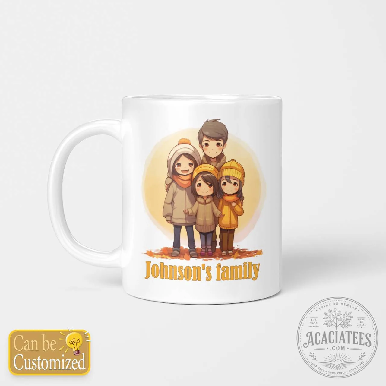 Personalized Family Portrait Mug for Four People, Custom Family Name Gift