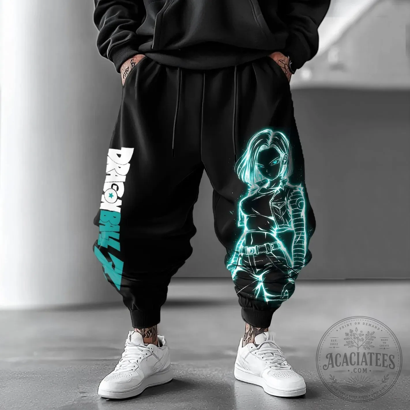 Dragon Ball Z Android 18 Neon Glow Art Black Unisex Harem Pants