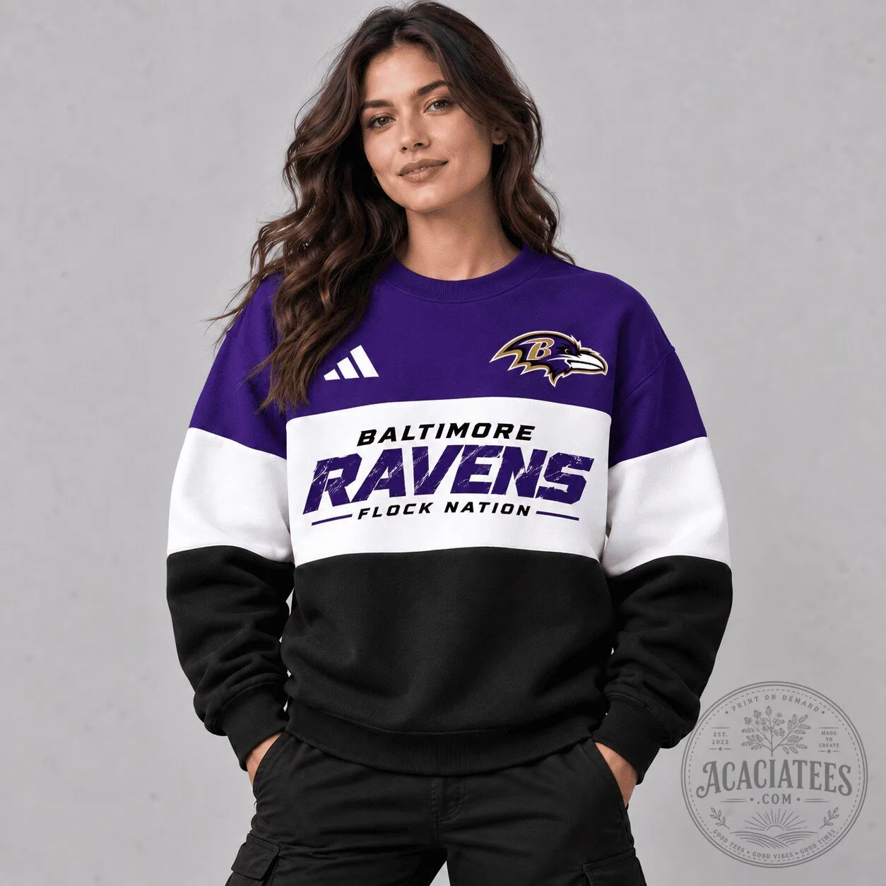 Baltimore Ravens Flock Nation Tri-Block Crewneck Sweatshirt for Women
