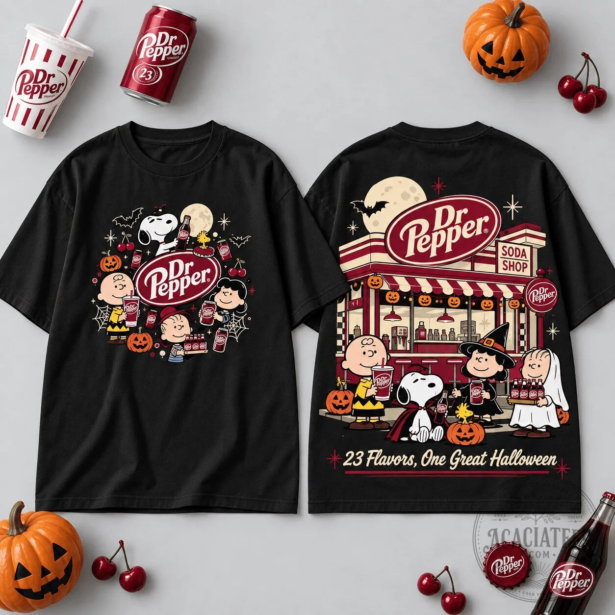 Dr Pepper Peanuts Snoopy Halloween Soda Shop Black T-Shirt