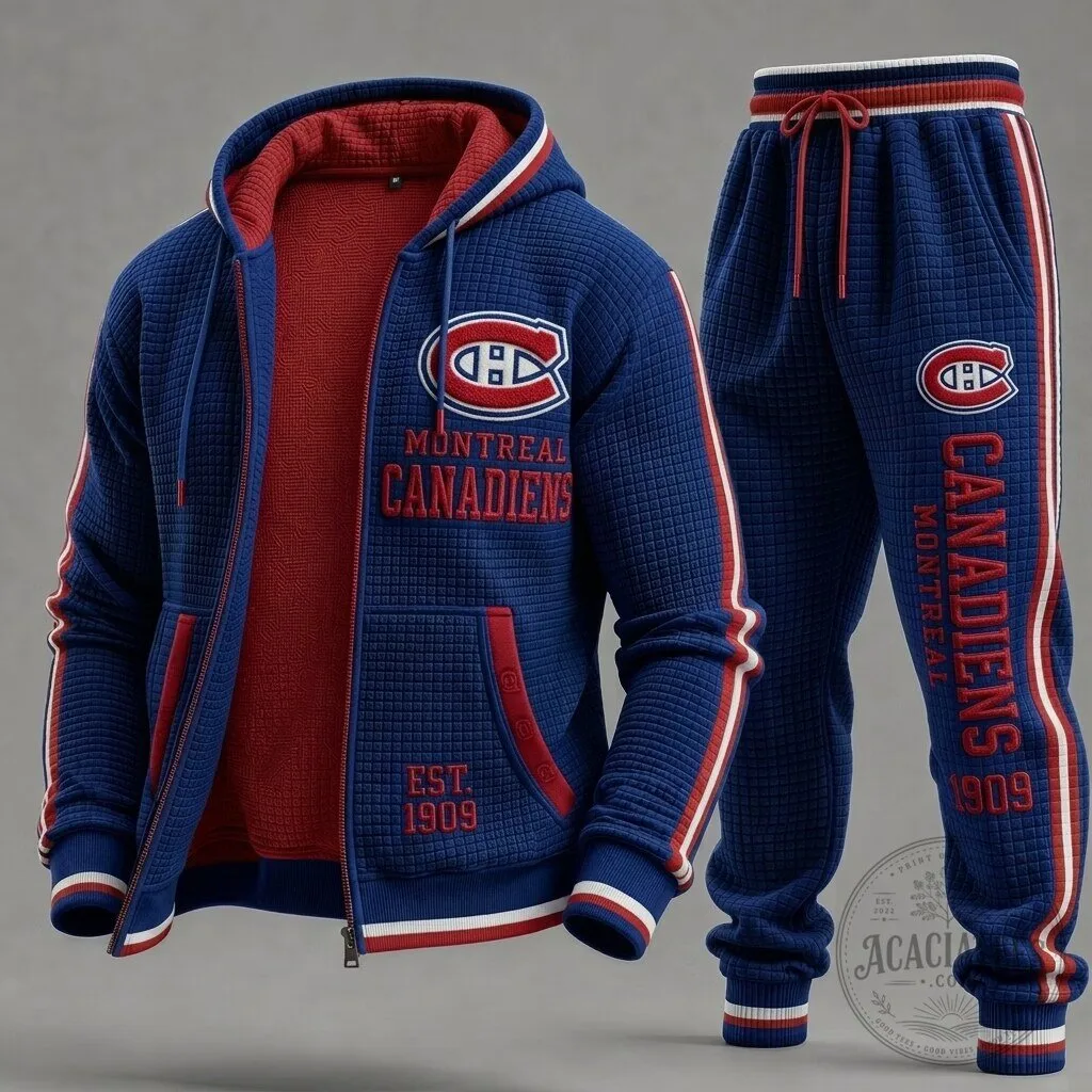 Montreal Canadiens Blue Waffle Textured Zip-Up Hoodie and Sweatpants Set