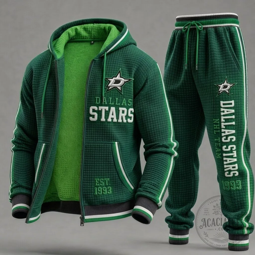 Dallas Stars National Hockey League Team Green Quilted Hoodie and Sweatpants Set