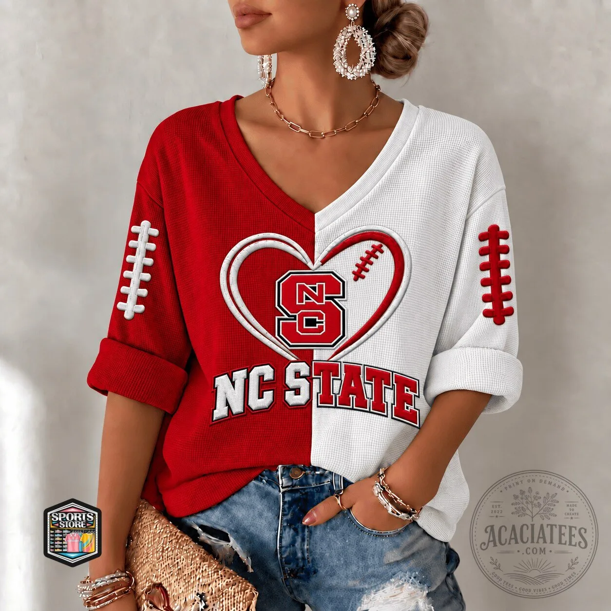 North Carolina State Wolfpack Football Heart Red And White V-Neck Long Sleeve Shirt