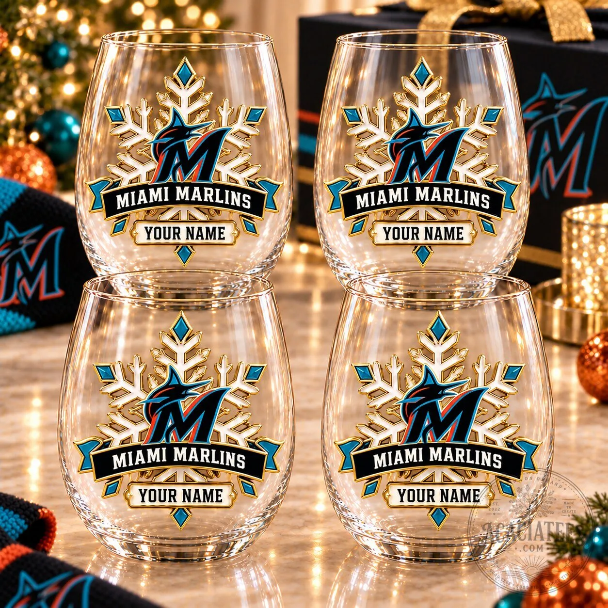 Miami Marlins Baseball Team Snowflake Custom Name Stemless Wine Glass Set