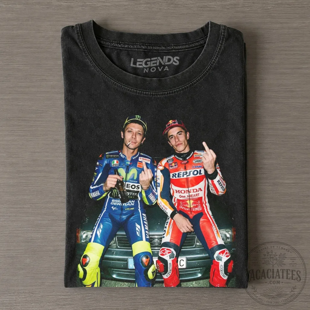 Black T-Shirt featuring MotoGP Legends Valentino Rossi and Marc Marquez 28 Black T-Shirt featuring MotoGP Legends Valentino Rossi and Marc Marquez