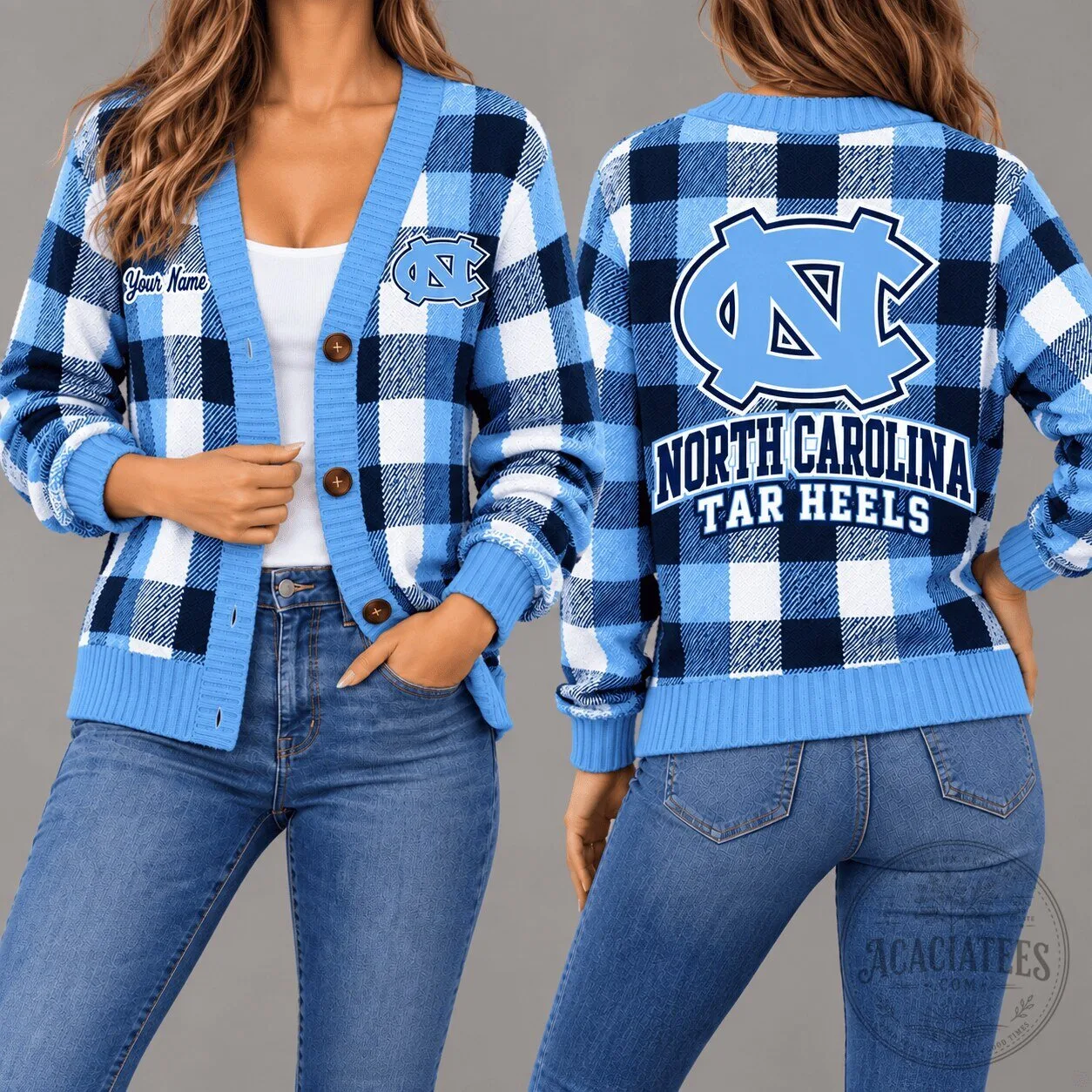 North Carolina Tar Heels Plaid Pattern Cardigan Sweater