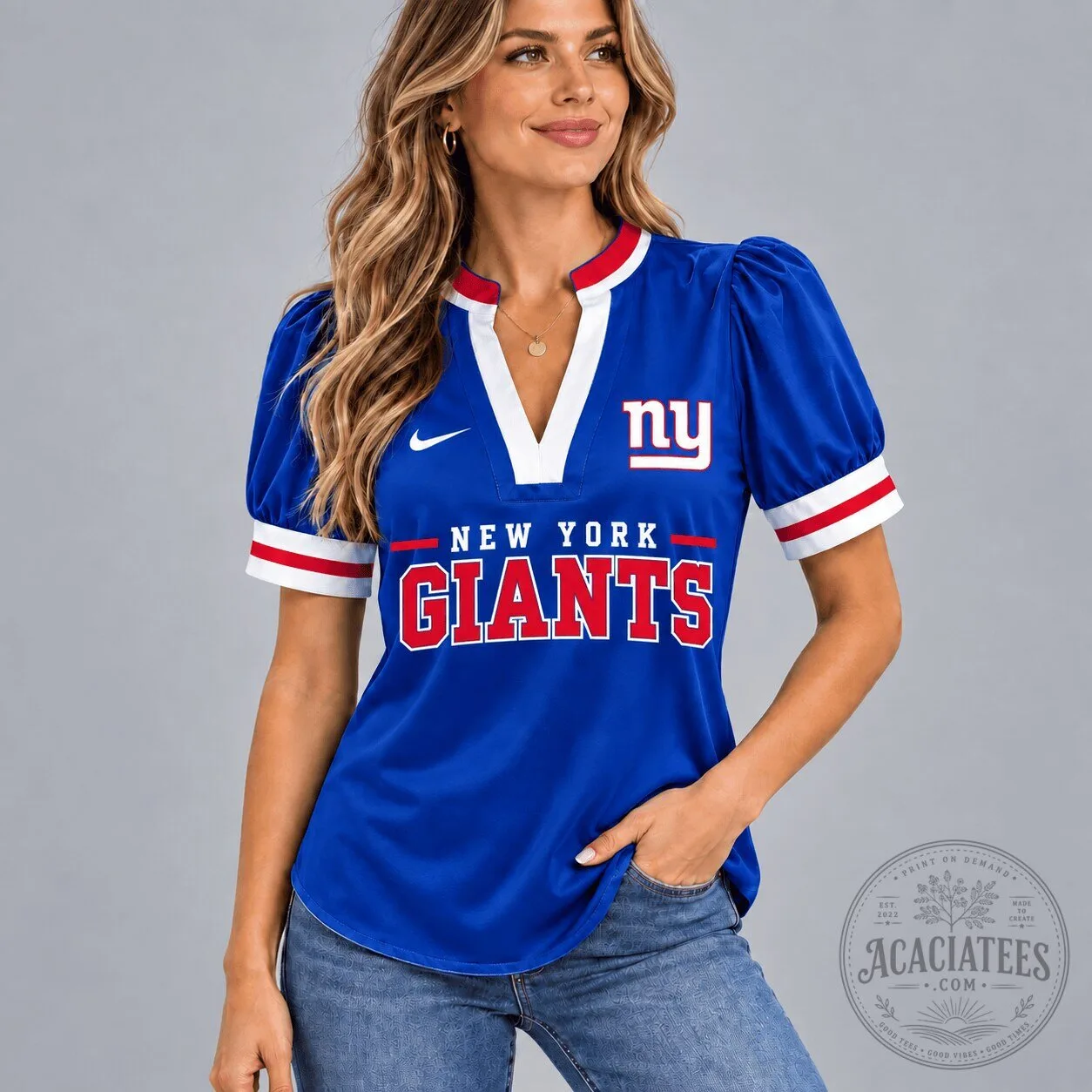 New York Giants NFL Women's Blue V-Neck Puff Sleeve Football Jersey