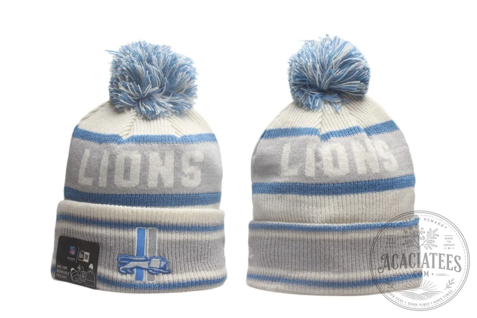 Detroit Lions Blue White Striped Knit Pom Beanie Hat