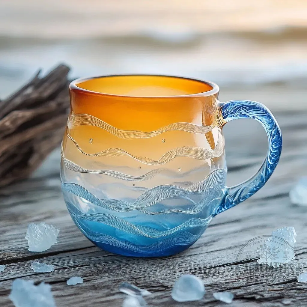 Sunset Coffee Mug with Ocean Wave and Sea Glass Design
