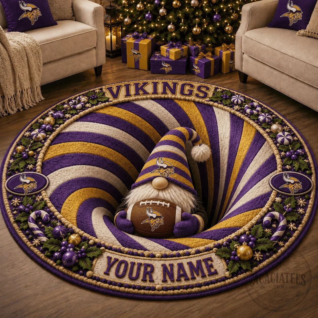 Minnesota Vikings Personalized Round Quilted Christmas Holiday Rug
