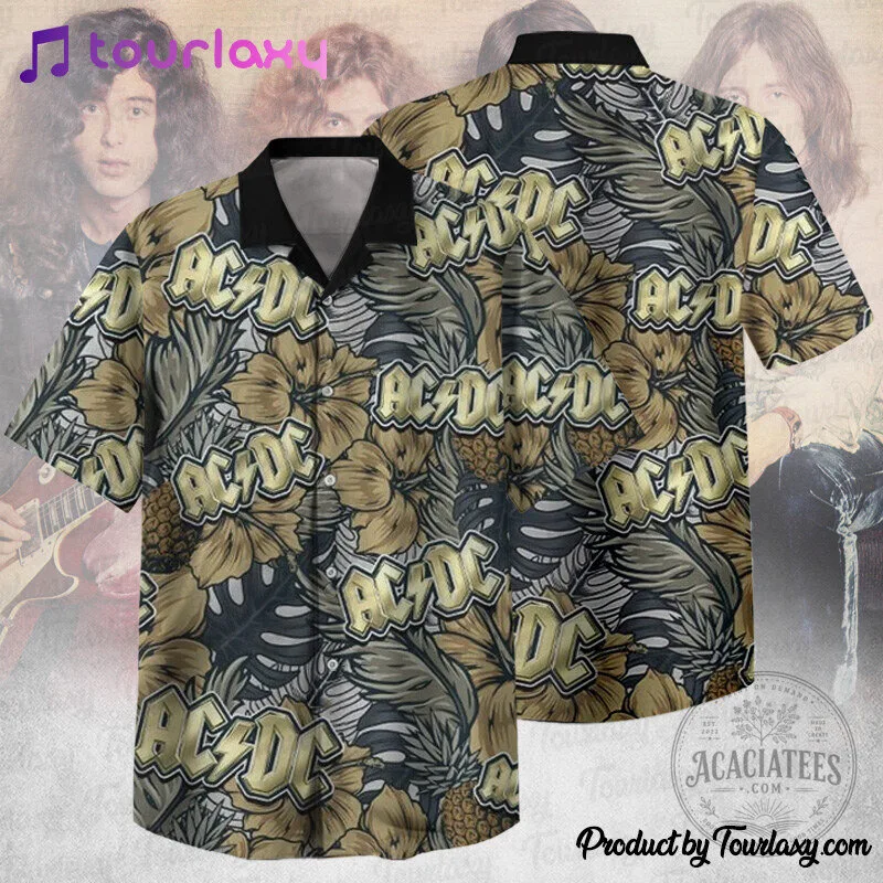 ACDC Rock Band Tropical Flowers and Leaves Pattern Hawaiian Shirt