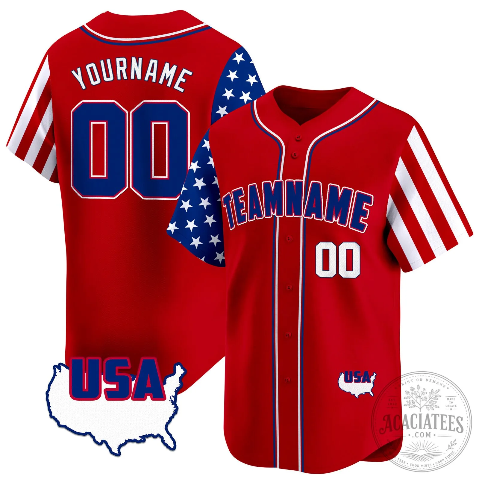 Red White Blue United States Flag Custom Baseball Jersey