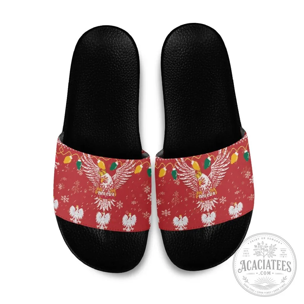 Polska White Eagle Christmas Holiday Slide Sandals Snow Theme