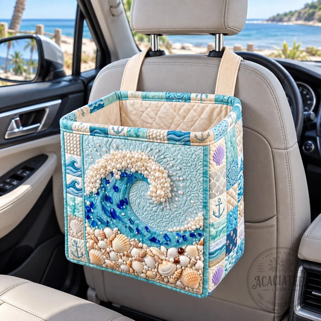 Coastal Whisper Ocean Wave Quilted Car Storage Basket with Seashells