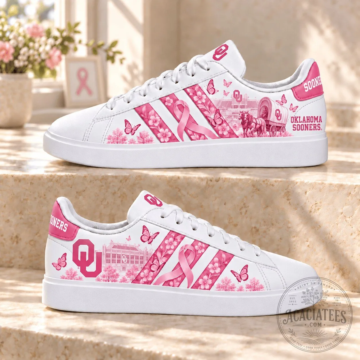 Oklahoma Sooners Breast Cancer Awareness Pink Ribbon Floral Pattern Shoes