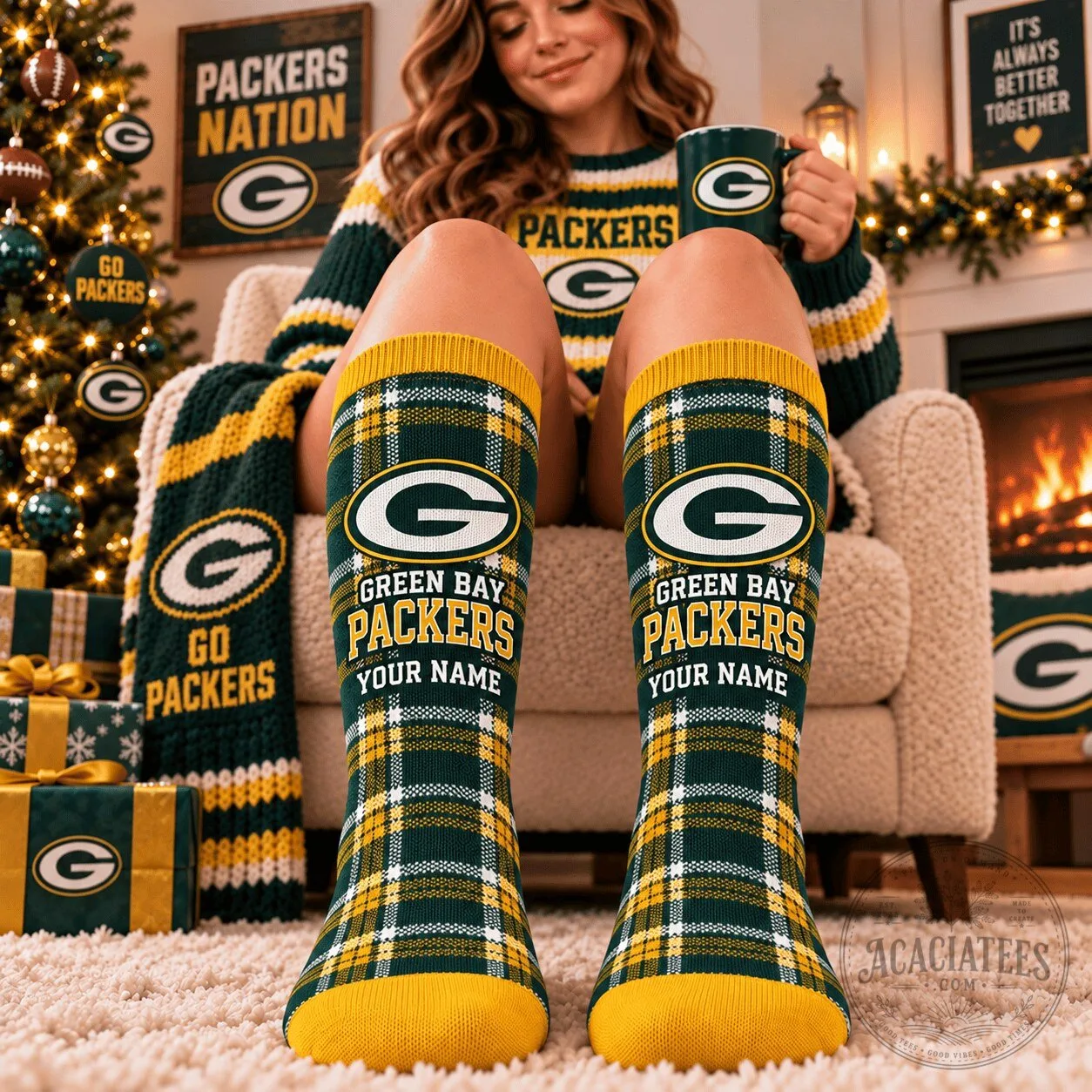 Green Bay Packers Custom Name Plaid Pattern Crew Socks