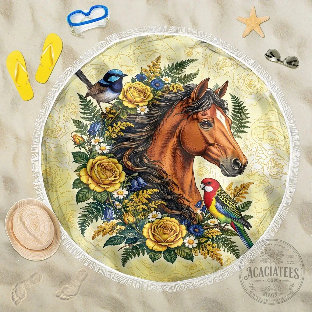 Horse and Yellow Rose Wreath Round Beach Blanket with Blue Wren and Parrot