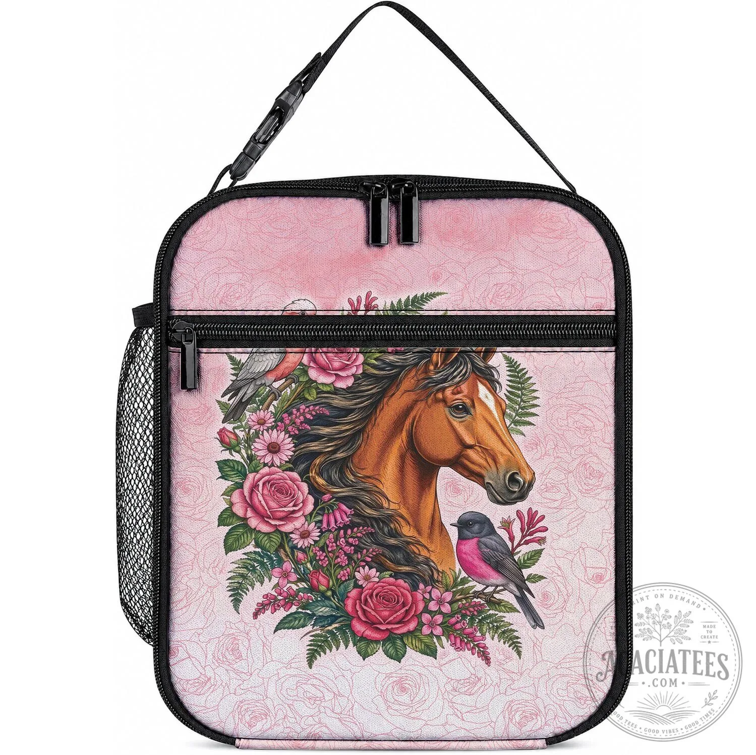 Horse Pink Rose Wreath Insulated Lunch Bag with Galah Cockatoo and Pink Robin