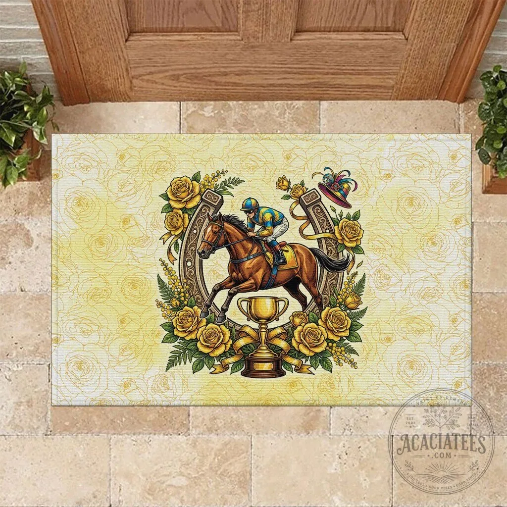 Melbourne Horse Racing Floral Horseshoe Yellow Rose Doormat