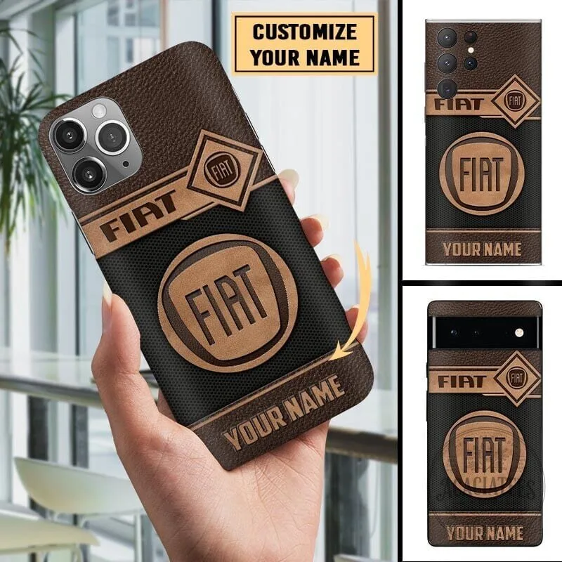 Fiat Car Logo Custom Name Brown Leather Texture Phone Case